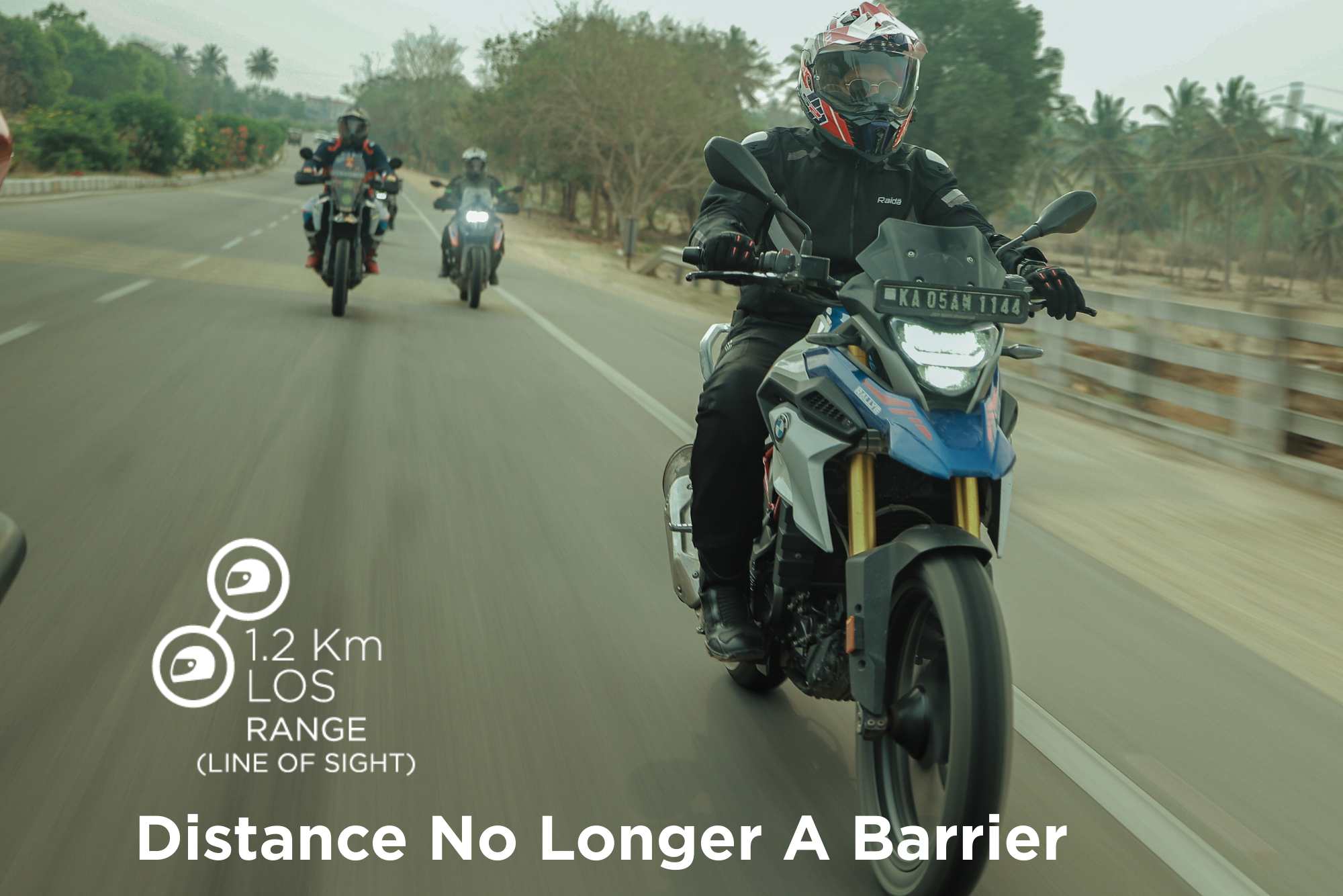 Motorcyclists on a road with text about line of sight range.