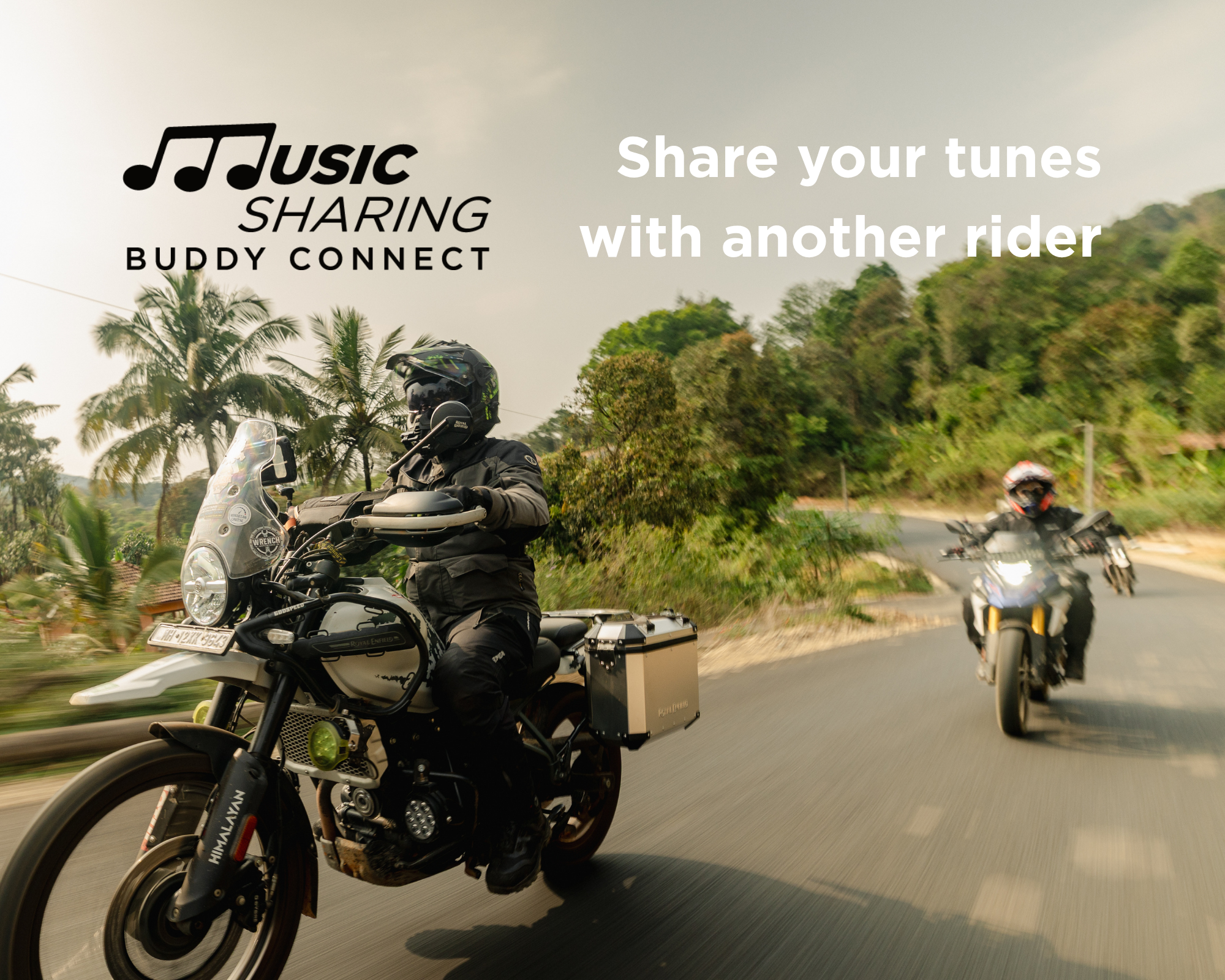 Two motorcyclists on a road with 'Music Sharing Buddy Connect' logo and text.