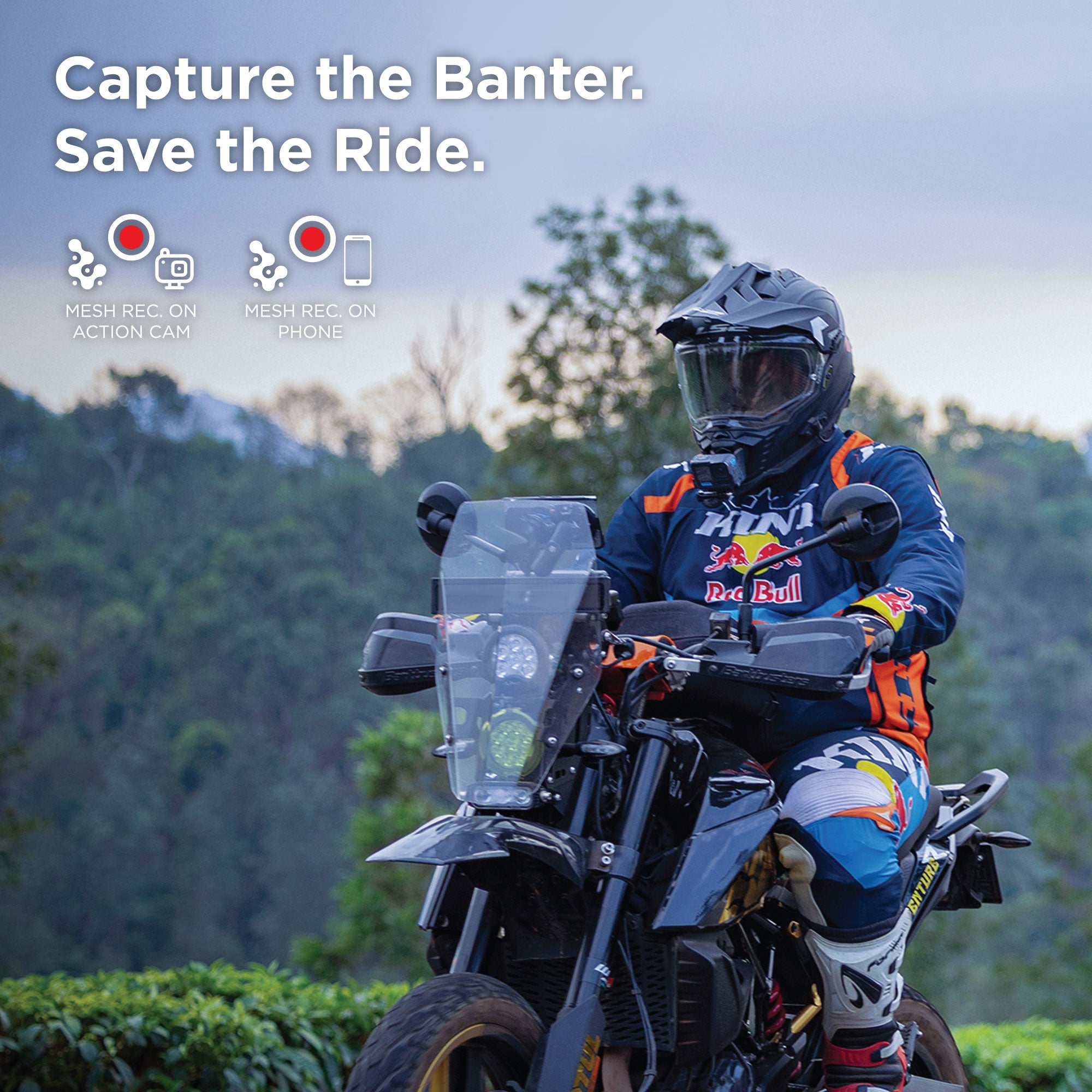 Person on a motorcycle with scenic background and promotional text overlay.