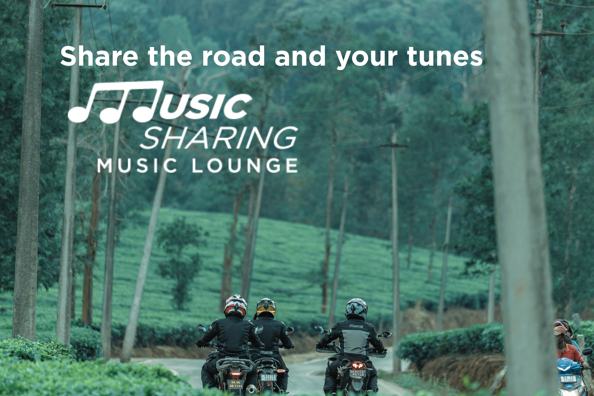 Three people riding motorcycles on a scenic road with text overlay about music sharing.