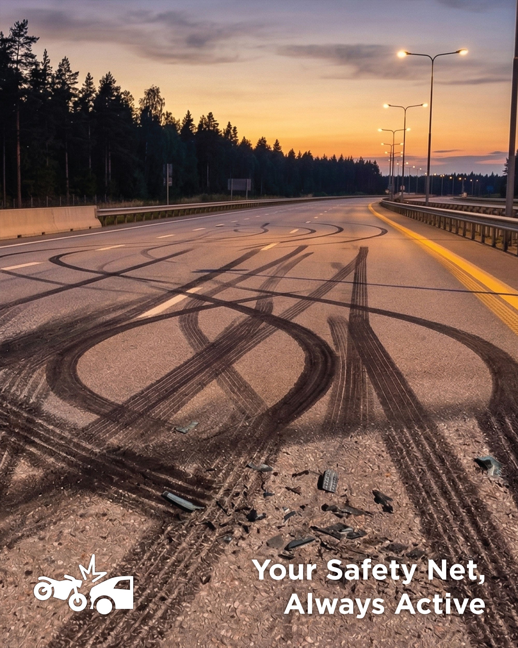 Winding road at sunset with tire tracks, trees, and streetlights.